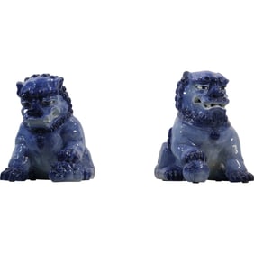 Pair Large Blue Majolica Chinese guardian lion statues, commonly known as a foo dog 16 in. h.