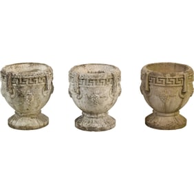 Three vintage concrete planters, also known as urns, with a Greek-inspired design 13.5 in. x 13 in.