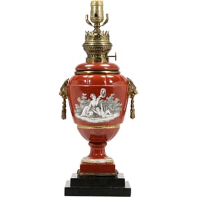 1870 Seit KPM Hand Painted Porcelain Kerosene Converted Red Porcelain Table Lamp
