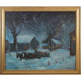 B Hansalpakar 1964, Large Quality Evening Winter Landscape Oil on Canvas Painting