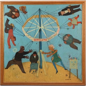 IMPORTANT FOLK ART PAINTING Signed B Cmahkh 1960 Polish Ukraine Artist, "Carousel"