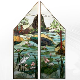 Pair of Stained Glass Windows with Heron and Water Lily Landscape