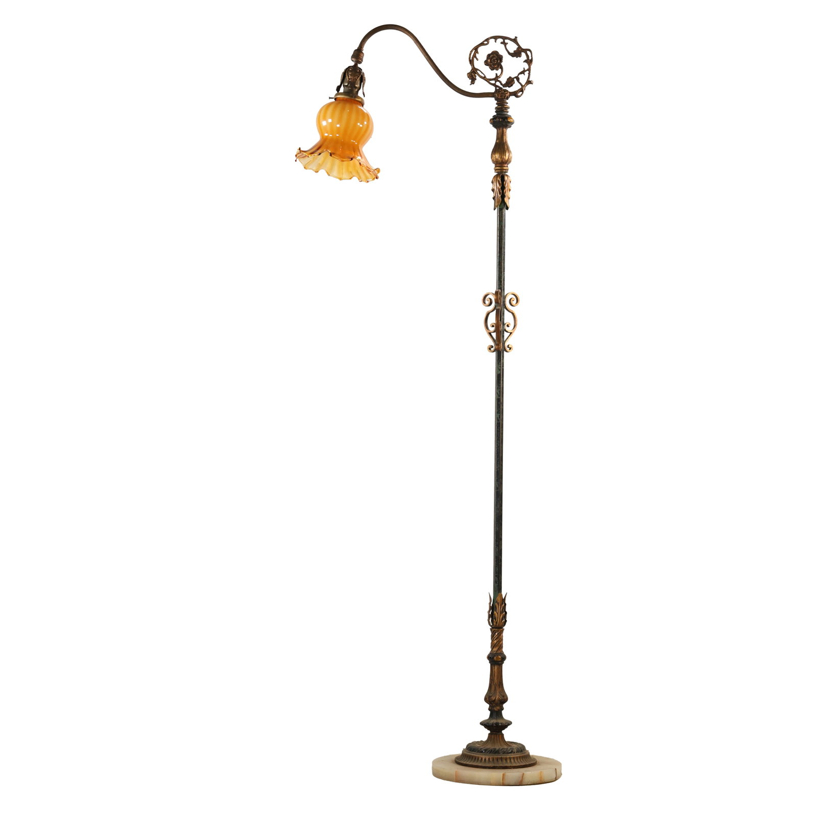 Art Nouveau Bronze Floor Lamp with Amber Glass Shade: Elegant Art Nouveau style bronze floor lamp featuring a scrolling arm with openwork floral medallion of roses and vines supporting a flared amber glass shade. The lamp’s stem is detailed with foliat