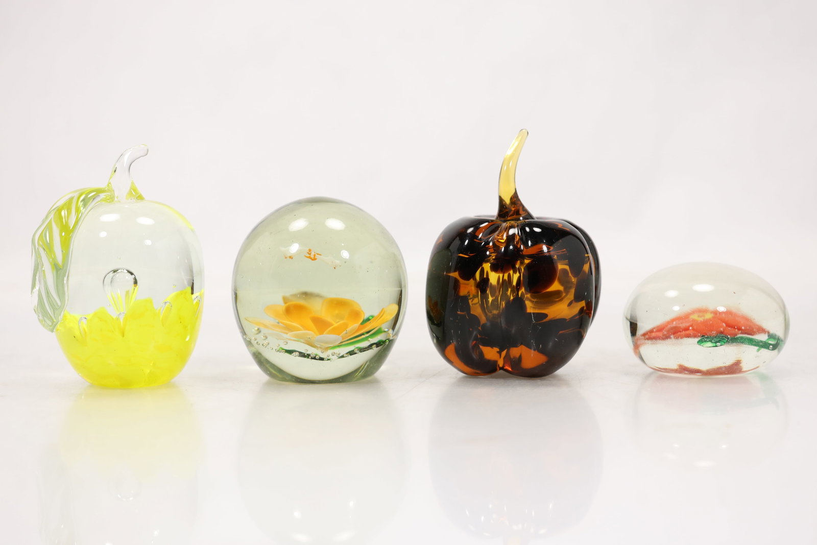 4 Colorful Art Glass Paperweights Pumpkin Apple Flowers (1 of 12)