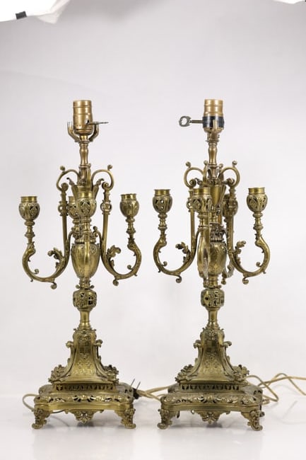 Pair of Renaissance Revival Style 4 Branch Candelabra Table Lamps (1 of 15)