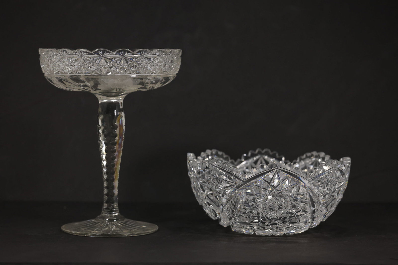 Vintage Cut Glass Compote & Bowl Set Pressed Crystal Starburst Sawtooth Rim (1 of 20)