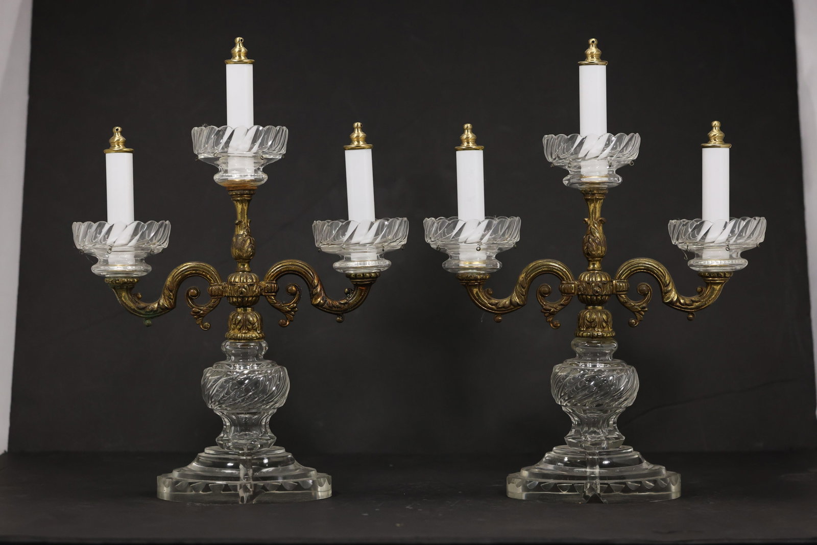 Pair of Regency Style Cut Crystal and Gilt Metal Three Light Candelabra (1 of 13)