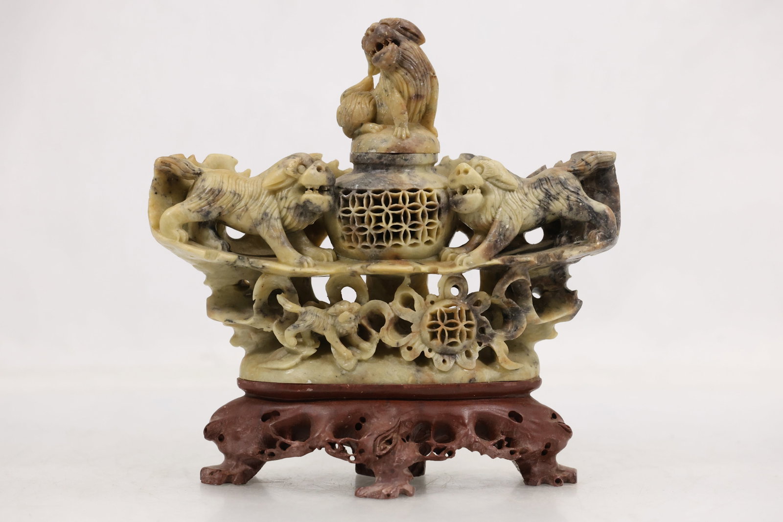 Carved Asian Style Figural and Dragon Sculpture on Wooden Stand Soap Stone (1 of 18)