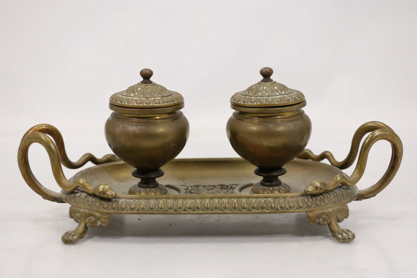 Victorian Style Double Inkwell Stand with Covered Metal Ink Pots (1 of 11)
