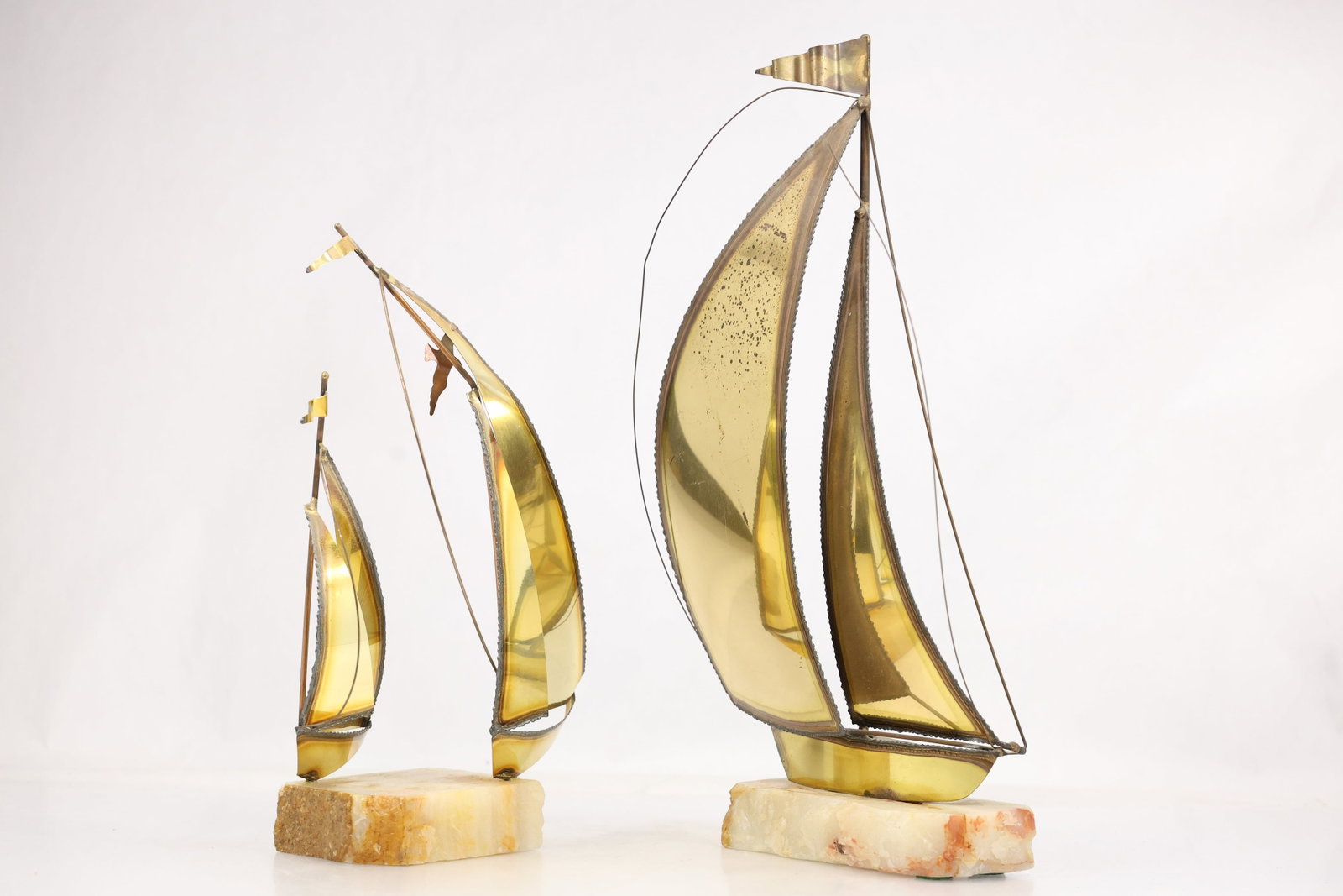 Pair of Signed Brass Sailboat Sculptures on Onyx Bases (1 of 20)
