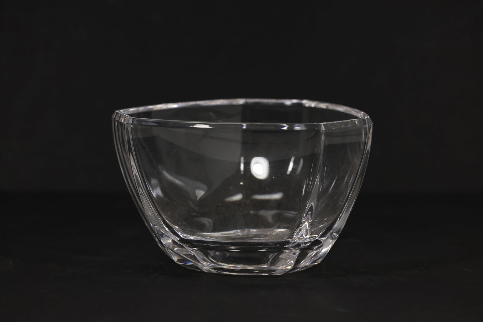 Tiffany & Co. Crystal Geometric Glass Bowl: Contemporary Tiffany & Co. clear crystal bowl featuring a distinctive faceted geometric form with softly rounded sides and angular panels. The heavy crystal construction creates attractive light refra