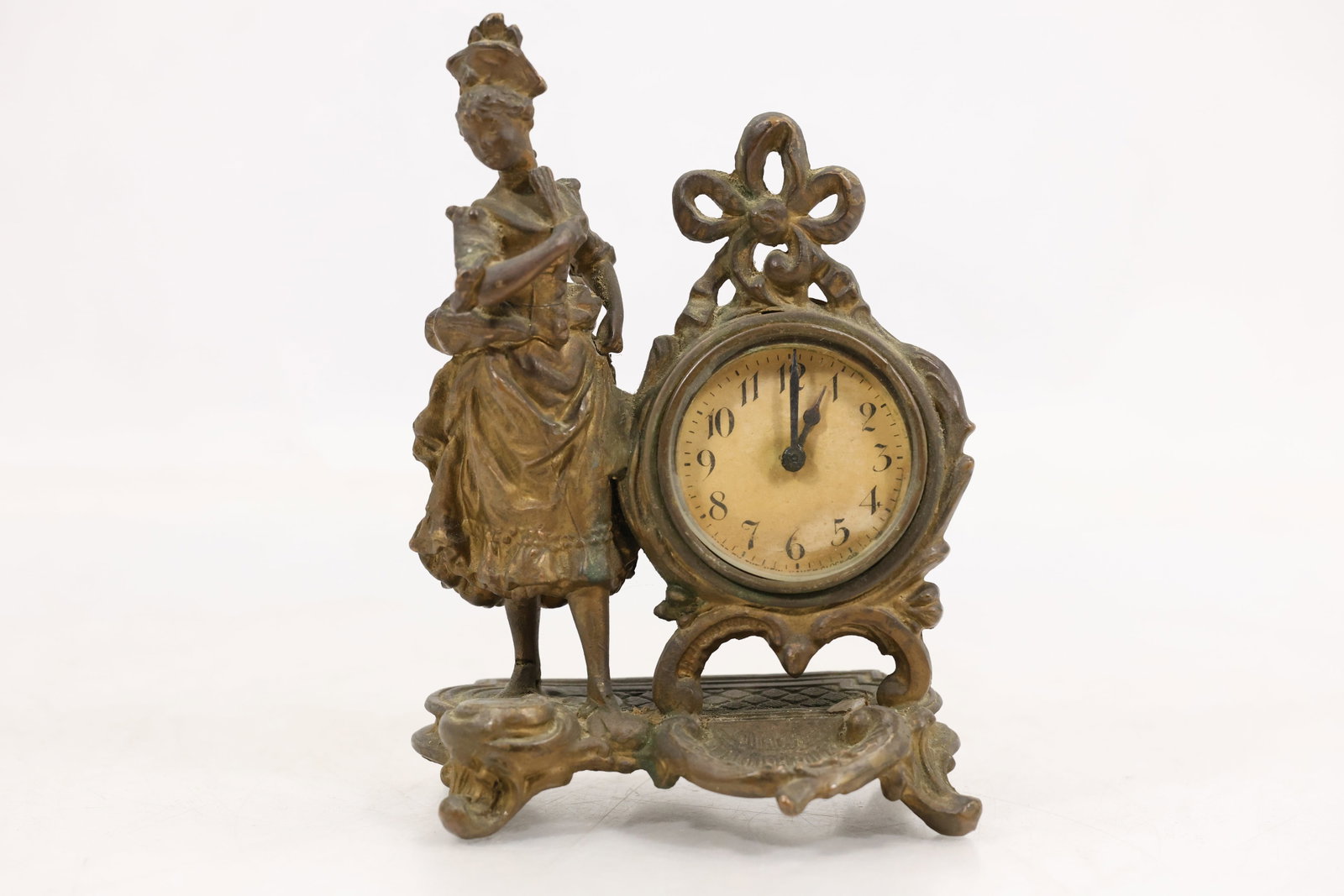 Antique Figural Cast Metal Desk Clock with Victorian Lady, Model No. 729 (1 of 12)