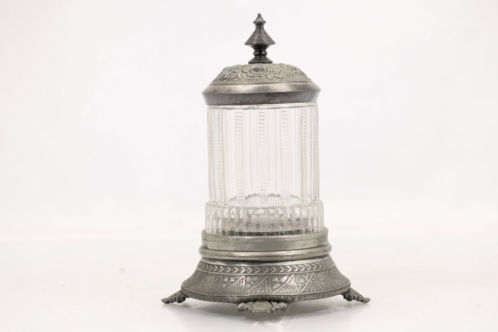 Pressed Glass Biscuit Jar Cracker Jar with Metal Mount and Lid (1 of 10)