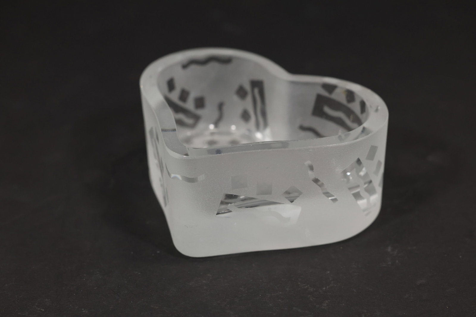 Kosta Boda Frosted Crystal Heart Shaped Bowl with Geometric Etched Decoration (1 of 13)