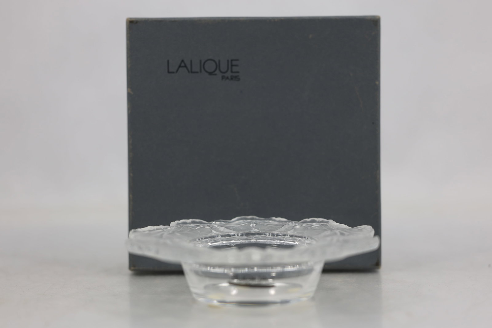 Lalique France Compiegne Frosted Crystal Leaf Bowl with Box: Lalique France Compiegne crystal bowl formed as overlapping frosted oak leaves around a clear interior. The underside bears an etched Lalique France signature and the original Lalique presentation