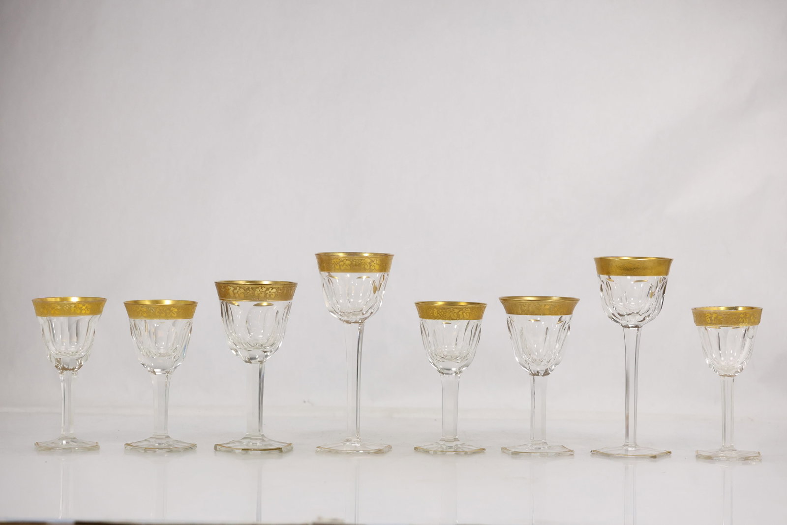 Eight Gilt Floral Rim Cut Crystal Stem Glasses (1 of 20)