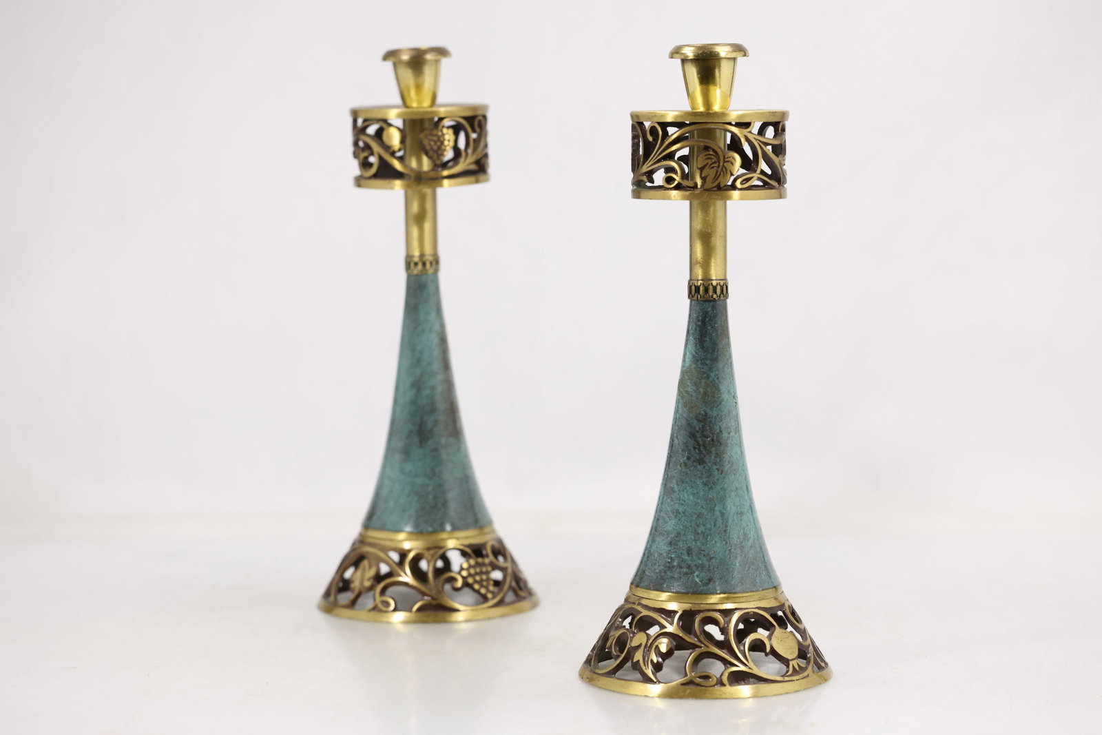 Pair Brass and Verdigris Openwork Candlesticks - 10