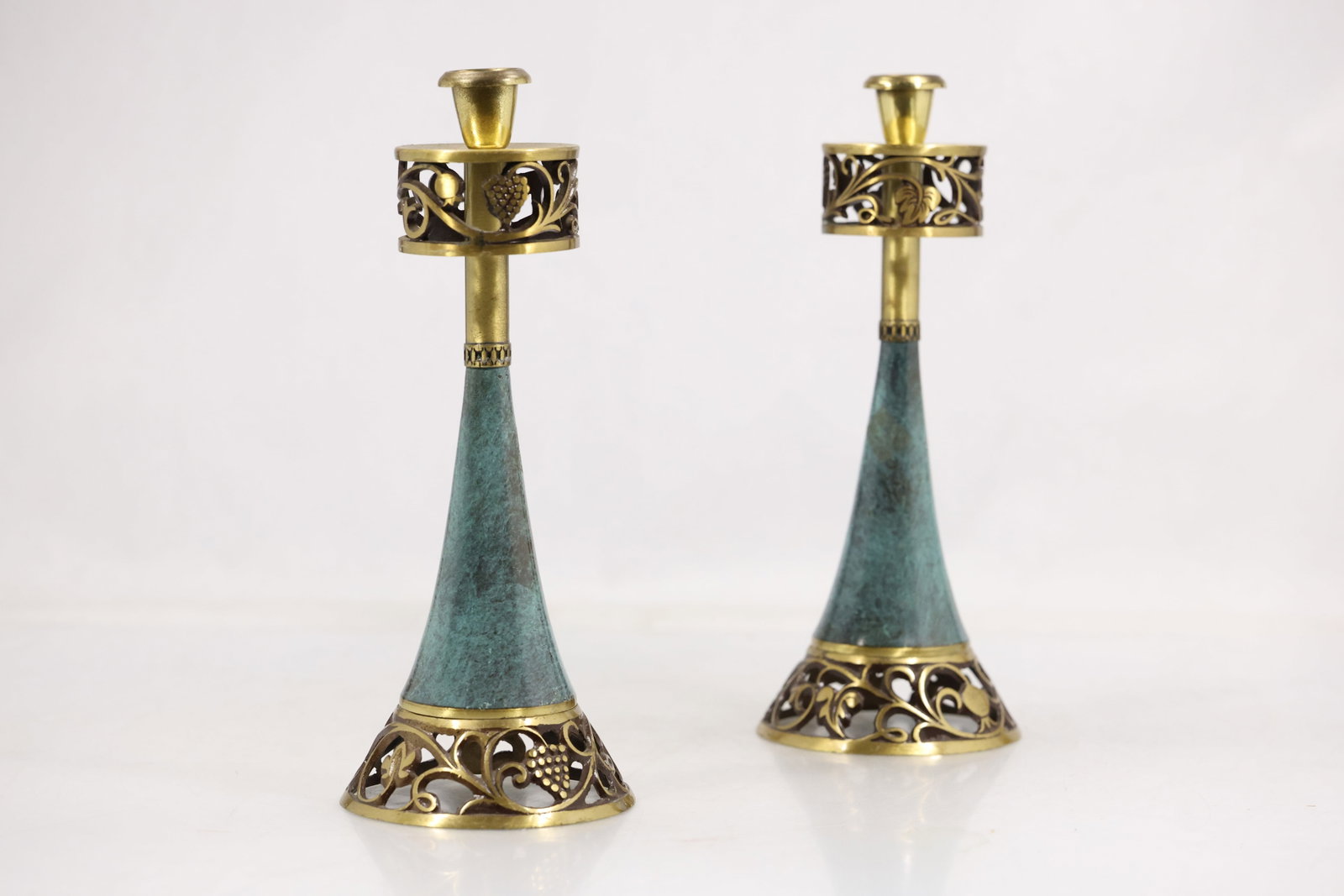 Pair Brass and Verdigris Openwork Candlesticks - 11