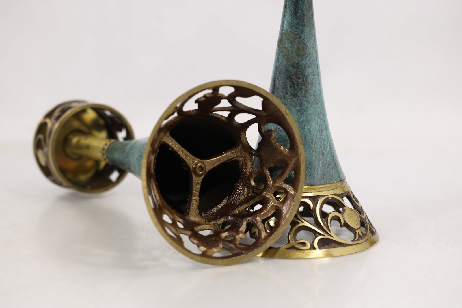 Pair Brass and Verdigris Openwork Candlesticks - 12