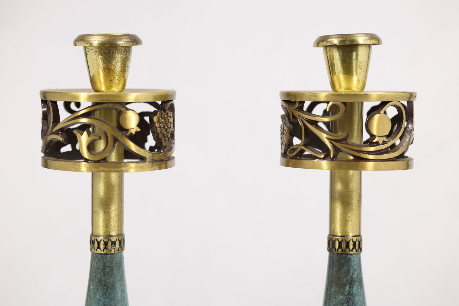 Pair Brass and Verdigris Openwork Candlesticks - 3