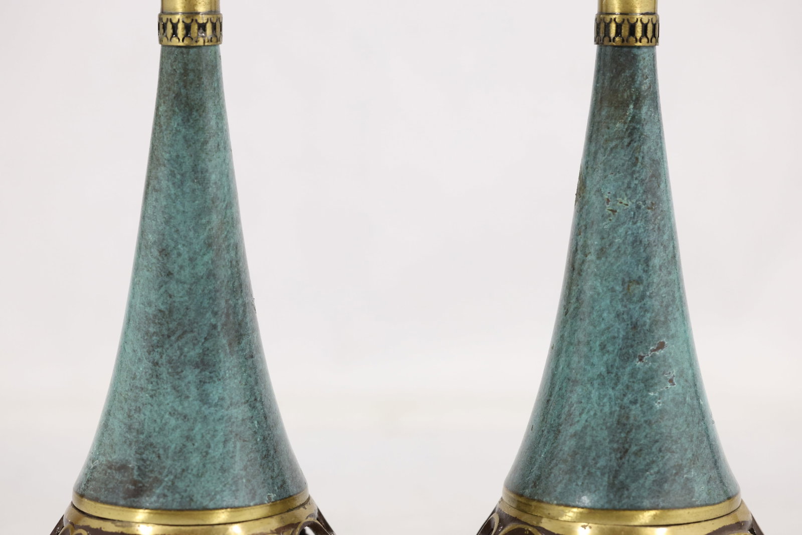 Pair Brass and Verdigris Openwork Candlesticks - 4