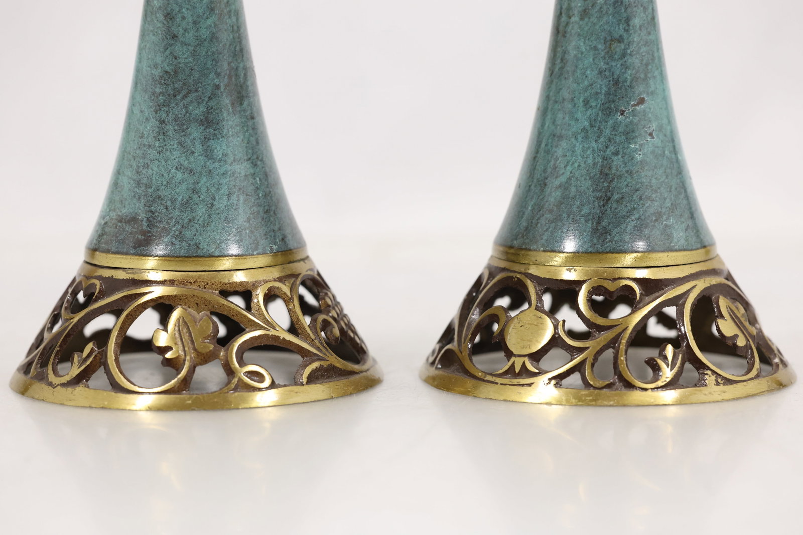Pair Brass and Verdigris Openwork Candlesticks - 5
