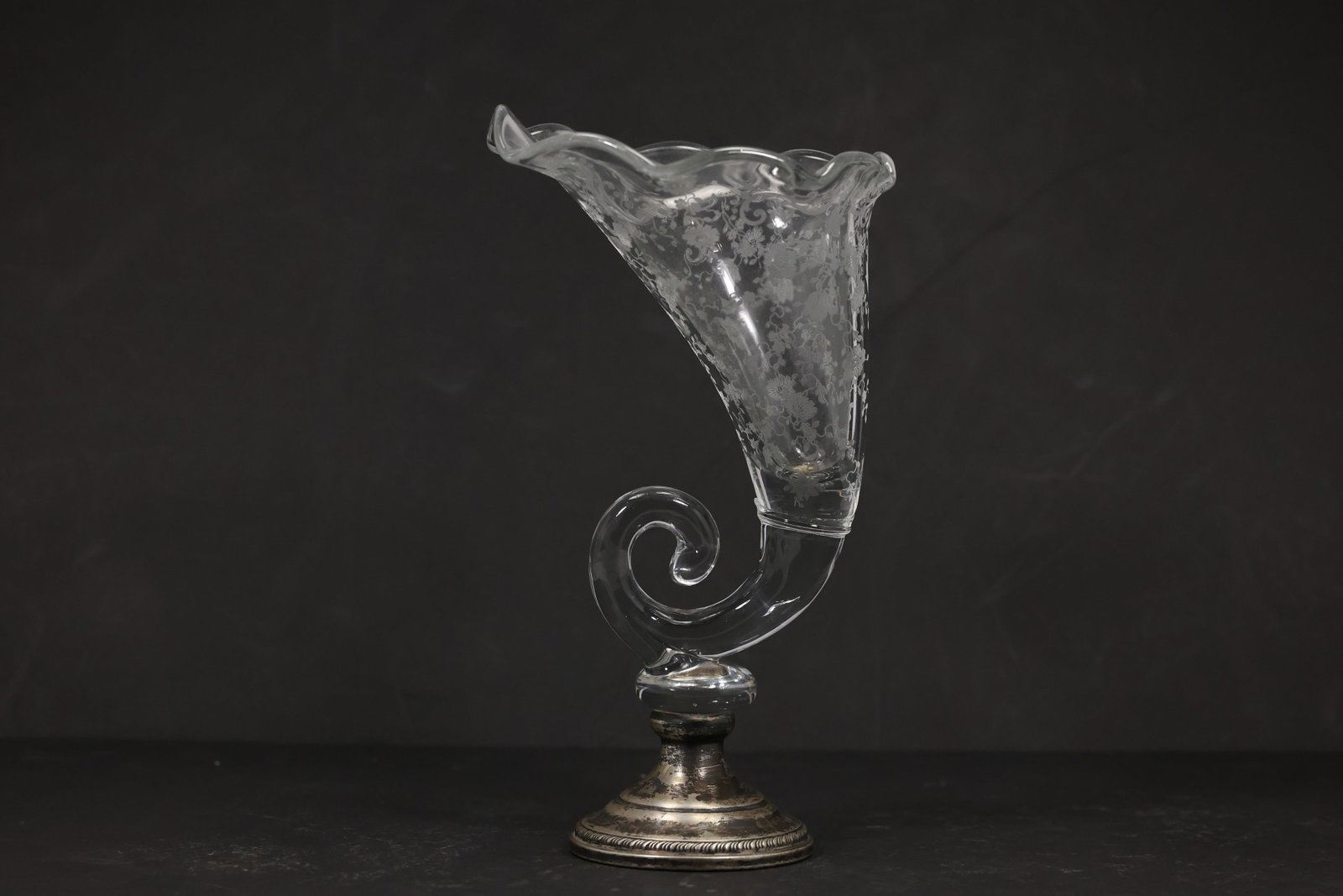 Sterling Weighted Base Cornucopia Etched Glass Vase (1 of 15)
