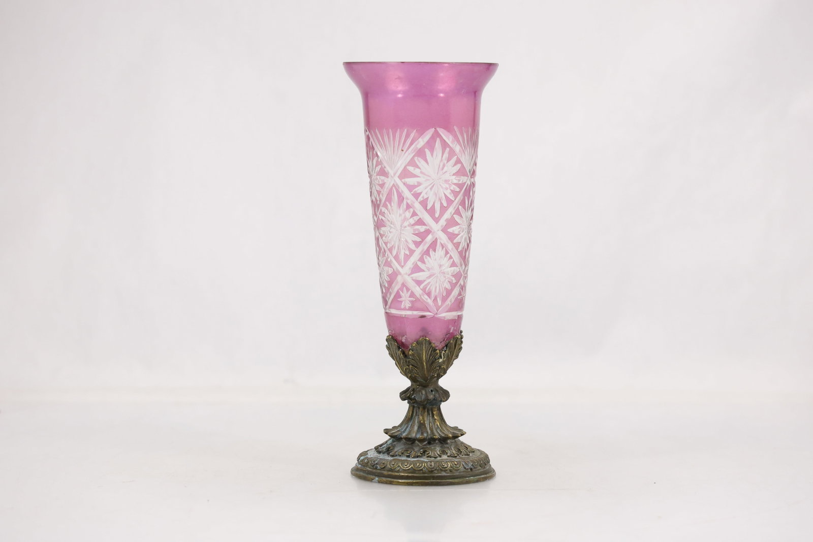 Pink Cut Overlay Glass Candle Holder on Metal Stand (1 of 12)