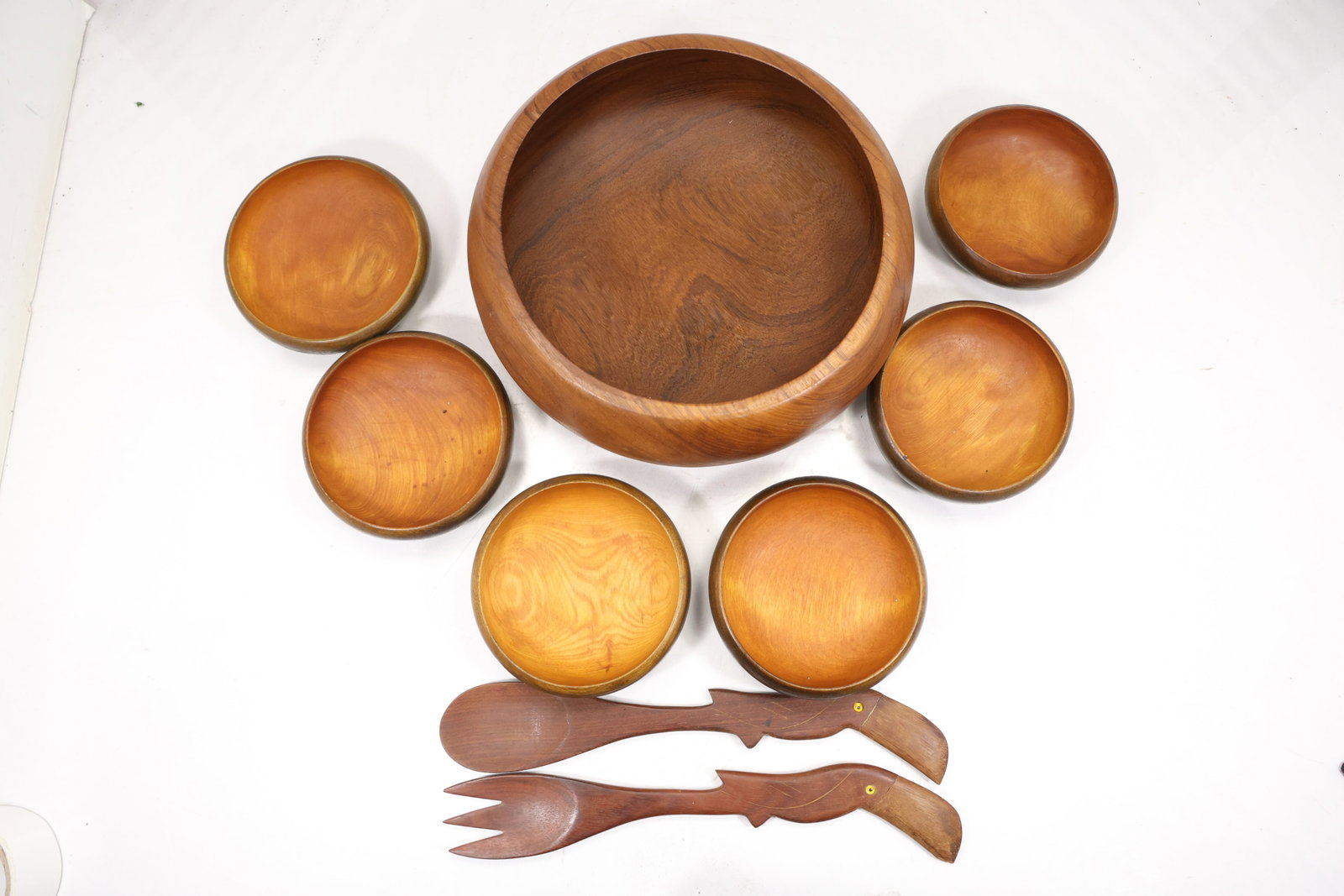Vintage Hand-Carved Wooden Salad Bowl Set with Servers (1 of 17)