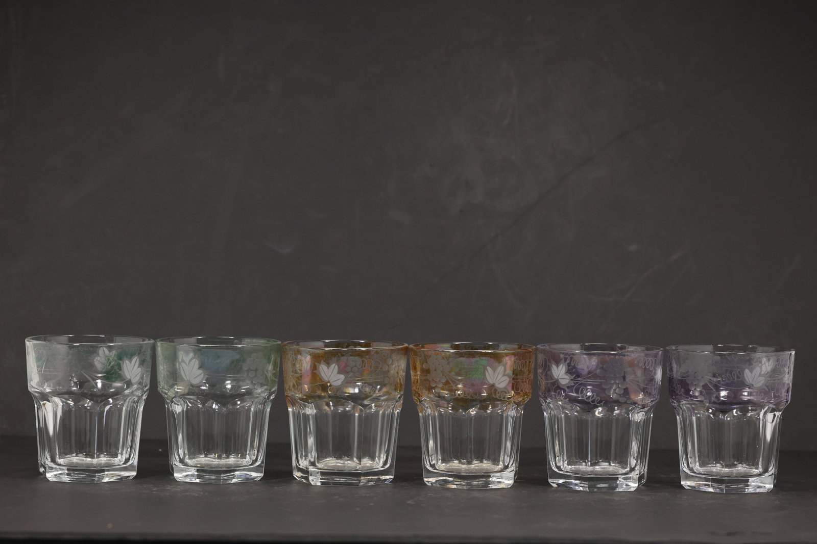 Set of Six Colored Rim Etched Glass Tumblers with Grape and Vine Decoration (1 of 12)