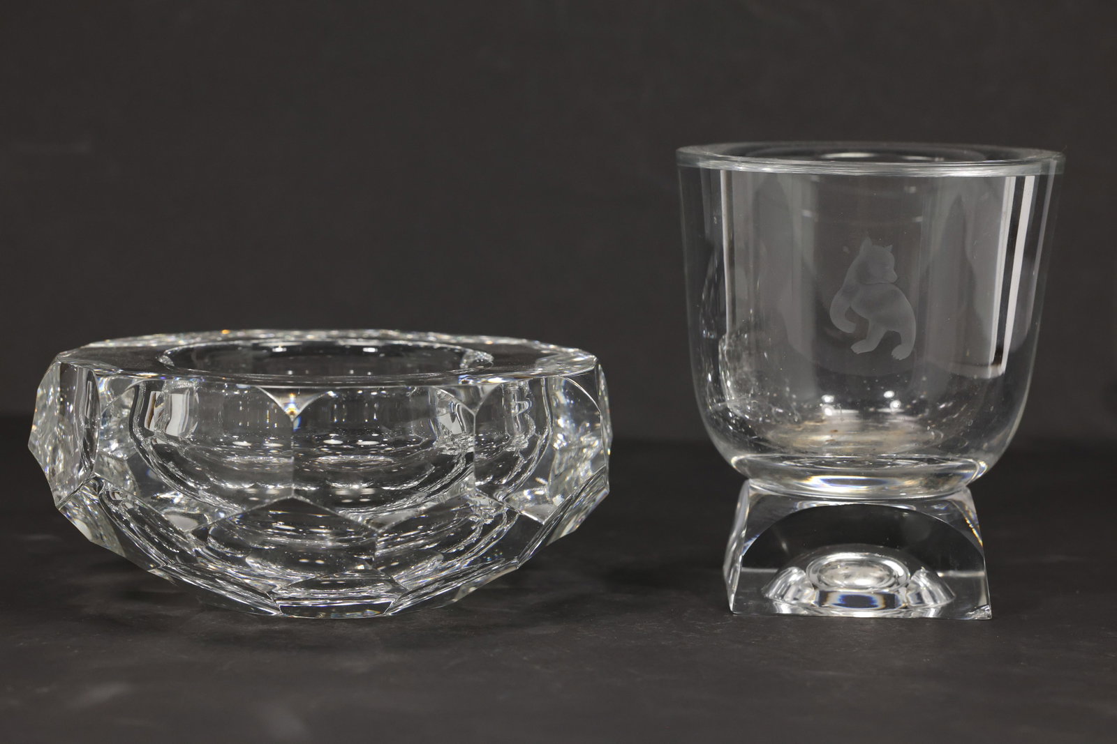Signed Crystal Pedestal Vessel and Faceted Glass Ashtray (1 of 16)