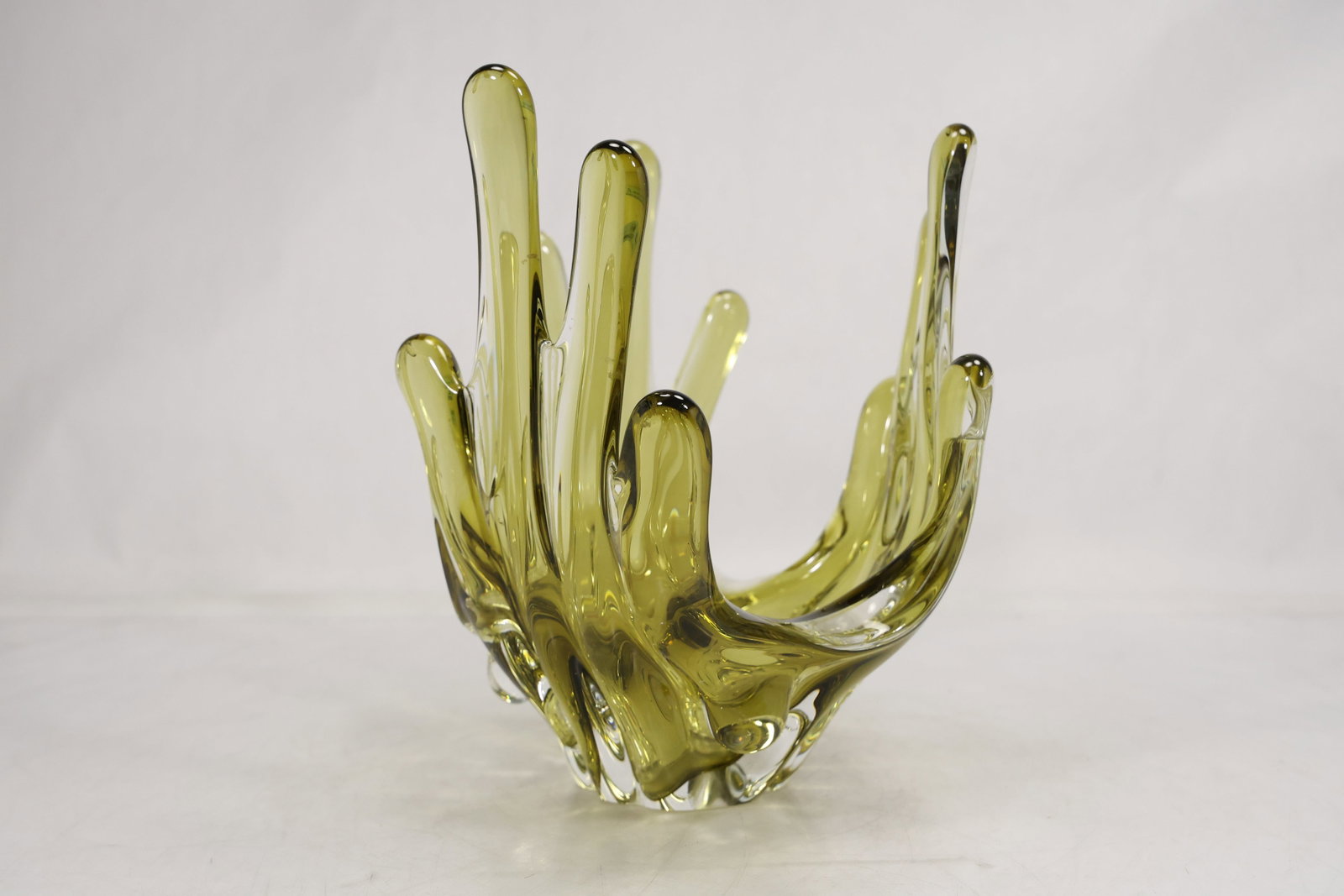 Signed Chalet Olive Green Art Glass Splash Bowl Centerpiece (1 of 14)
