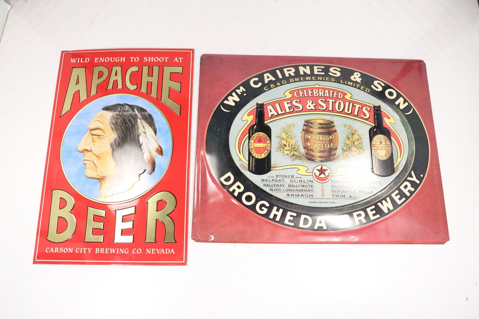 Two Tin Beer Advertising Signs Apache and Cairnes Brewery: Pair of printed tin beer advertising signs. One features Apache Beer for Carson City Brewing Company Nevada with a profile portrait on a red ground. The second advertises William Cairnes and Son
