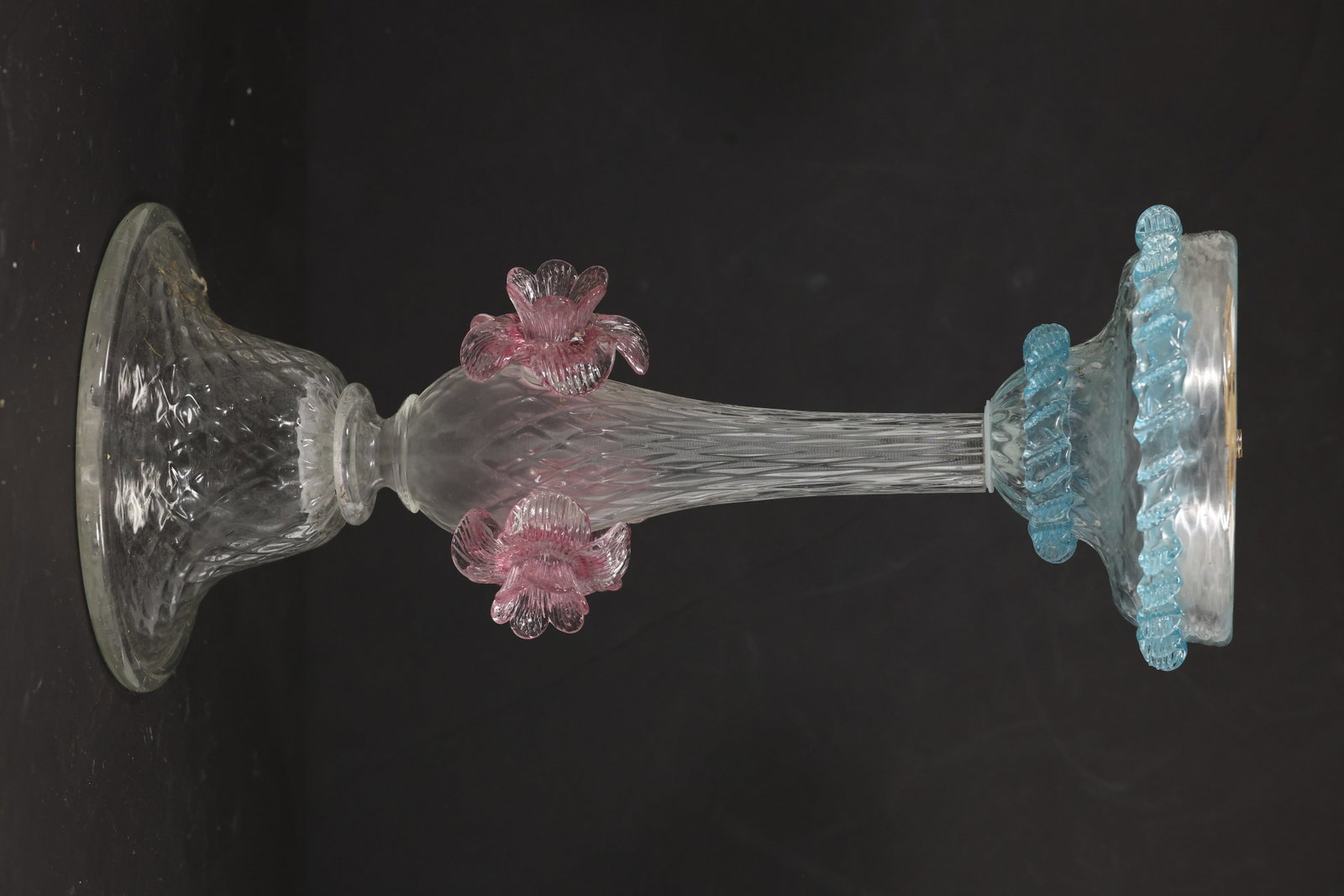 Multicolor Murano Glass Chandelier Central Column: Single vintage mid century Murano glass multicolor chandelier central column from confirmed importer stock. The tall architectural component combines clear fluted glass pale blue scalloped sections an