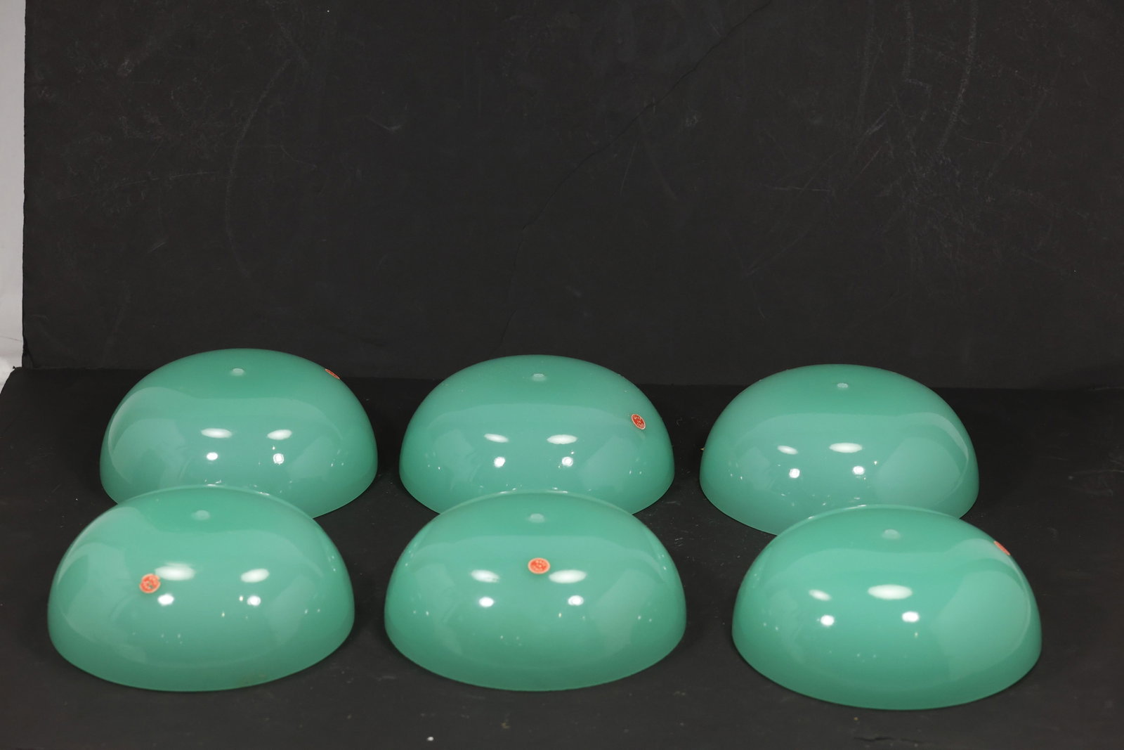 Set of Six Teal Murano Glass Chandelier Bobeche Shades: Set of six vintage mid century Murano glass teal chandelier bobeche shades from confirmed importer stock. Each compact domed component has a smooth rounded body central mounting aperture and saturated