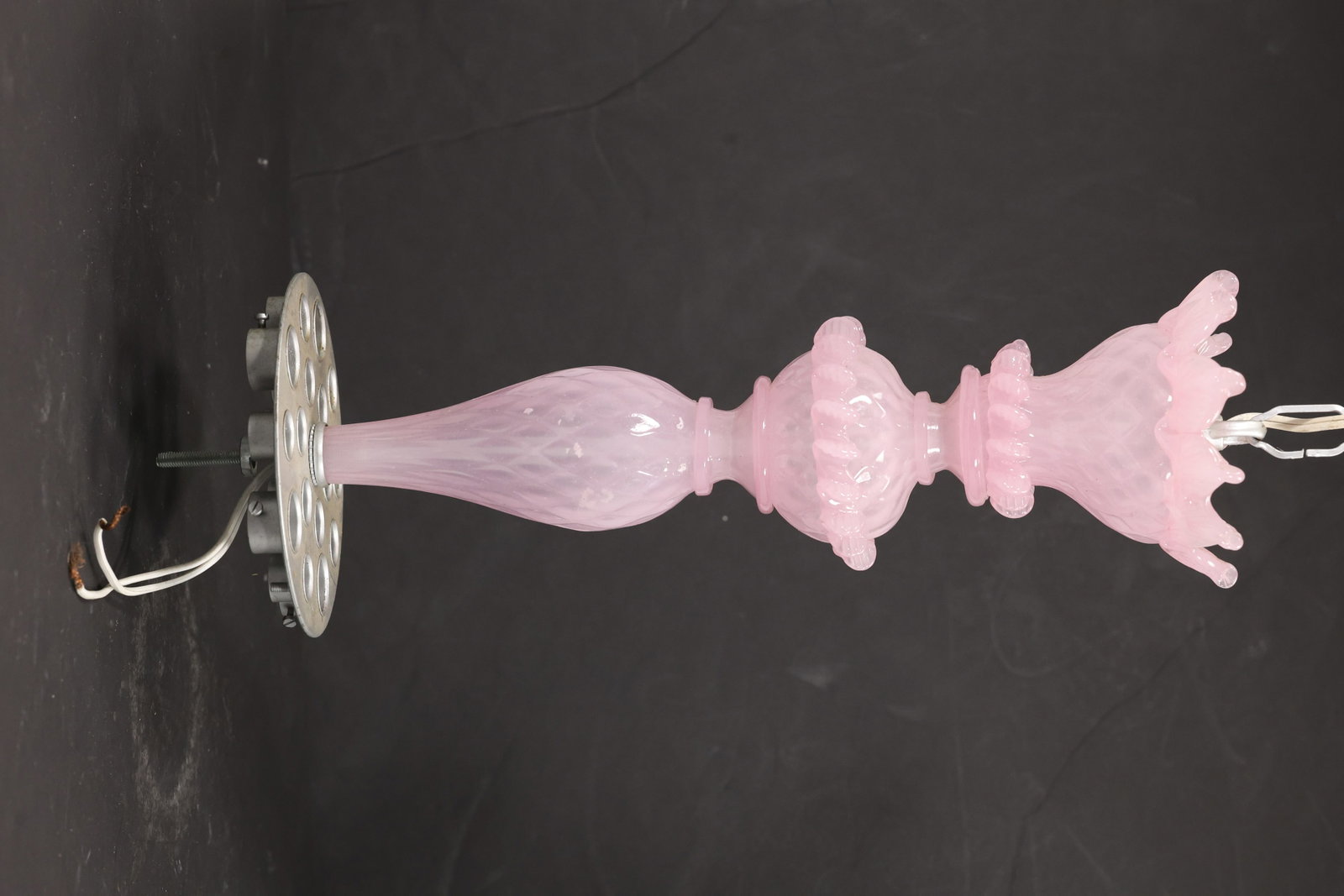 Pink Murano Glass Chandelier Central Column: Single vintage mid century Murano glass pink chandelier central column from confirmed importer stock. The tall component combines rose opaline glass fluted baluster sections a ruffled flower form and 