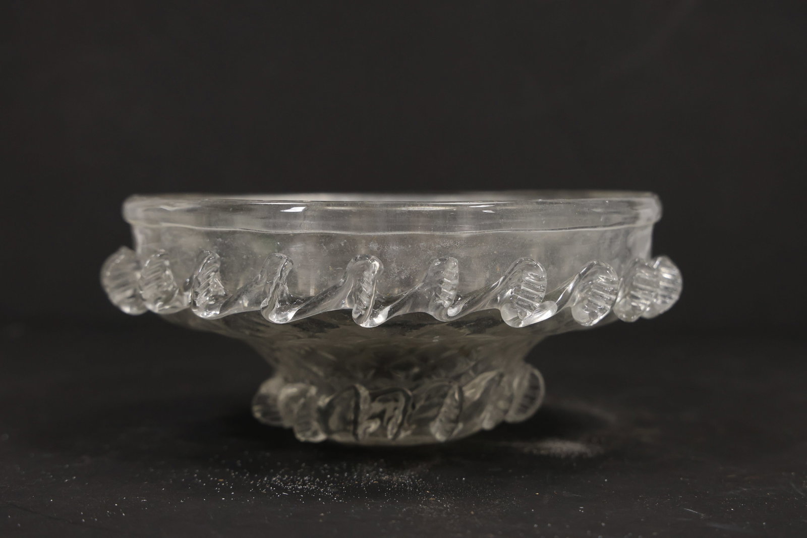 Clear Murano Glass Multi Hole Chandelier Base: Single vintage mid century Murano glass clear chandelier base or bobeche from confirmed importer stock. The circular component has a scalloped outer rim molded relief and multiple evenly spaced mounti