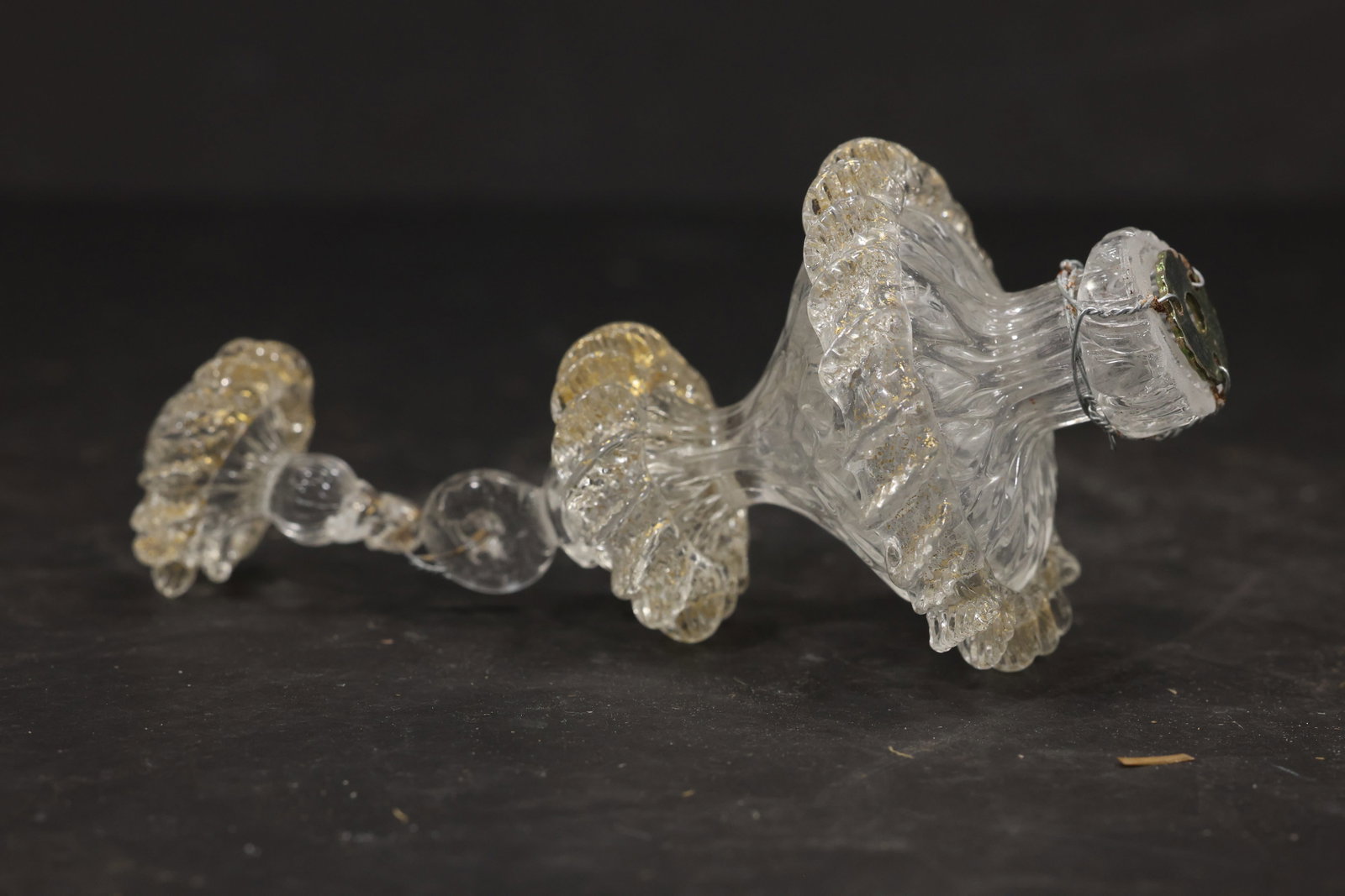 Clear Murano Glass Chandelier Bottom Finial: Single vintage mid century Murano glass chandelier bottom finial or lower decorative element from confirmed importer stock. Photographs show a sculpted body with central fitting for a chandelier assem