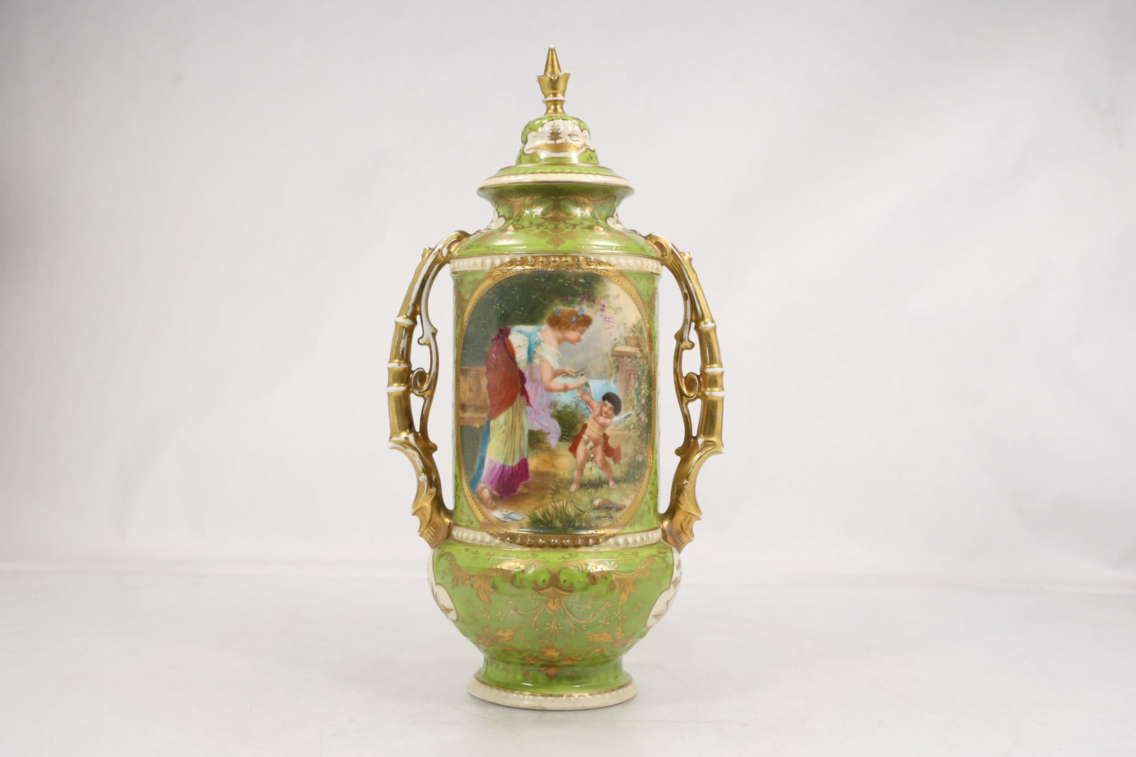 Sevres Style Hand Painted Gilded Green Lidded Urn (1 of 13)
