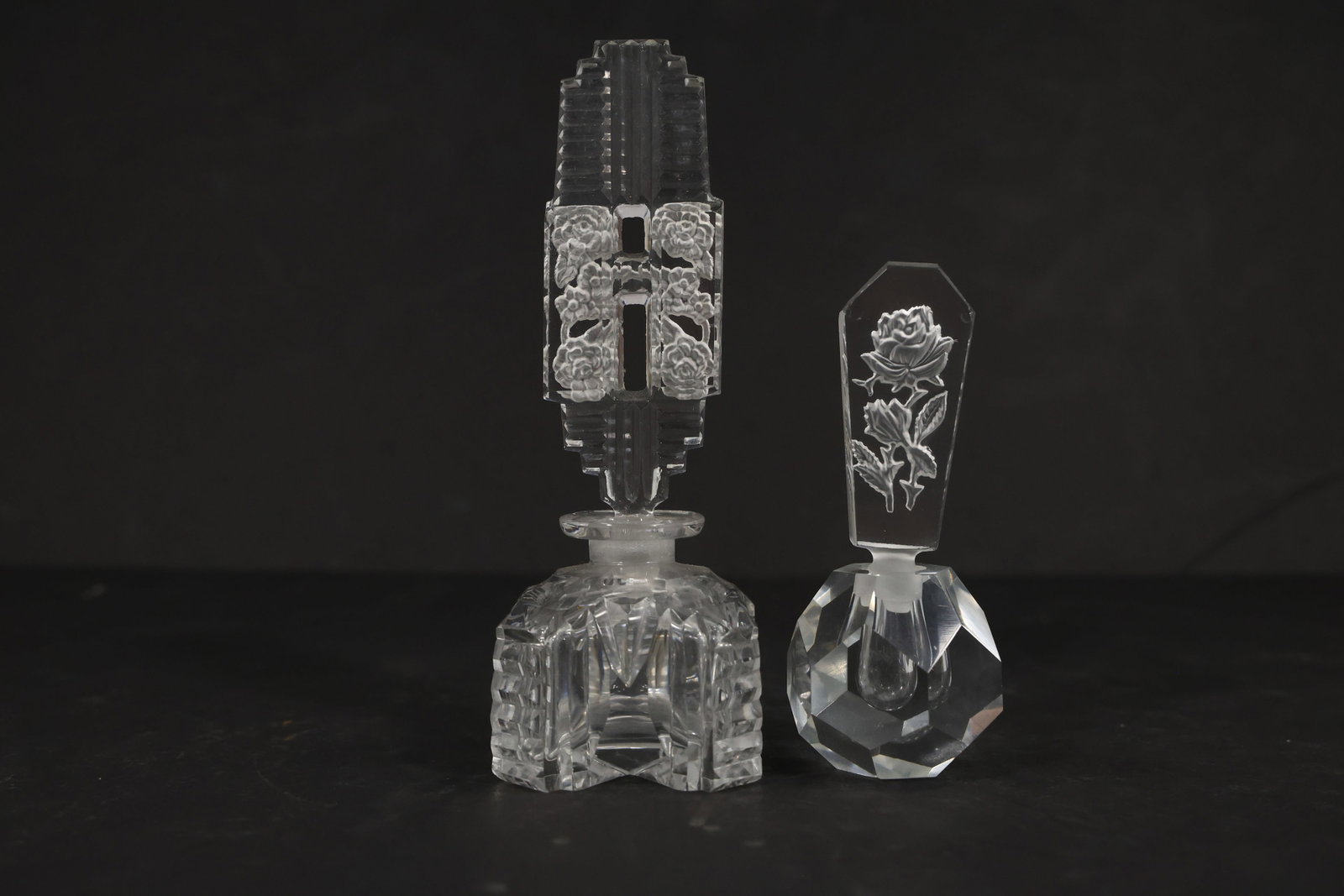 Vintage Art Deco Cut Glass Perfume Bottles: Vintage Art Deco Cut Glass Perfume Bottles size: 6h 2w S:F** Important Auction information:**** All lot descriptions in this auction were generated using artificial intelligence piloting innovative
