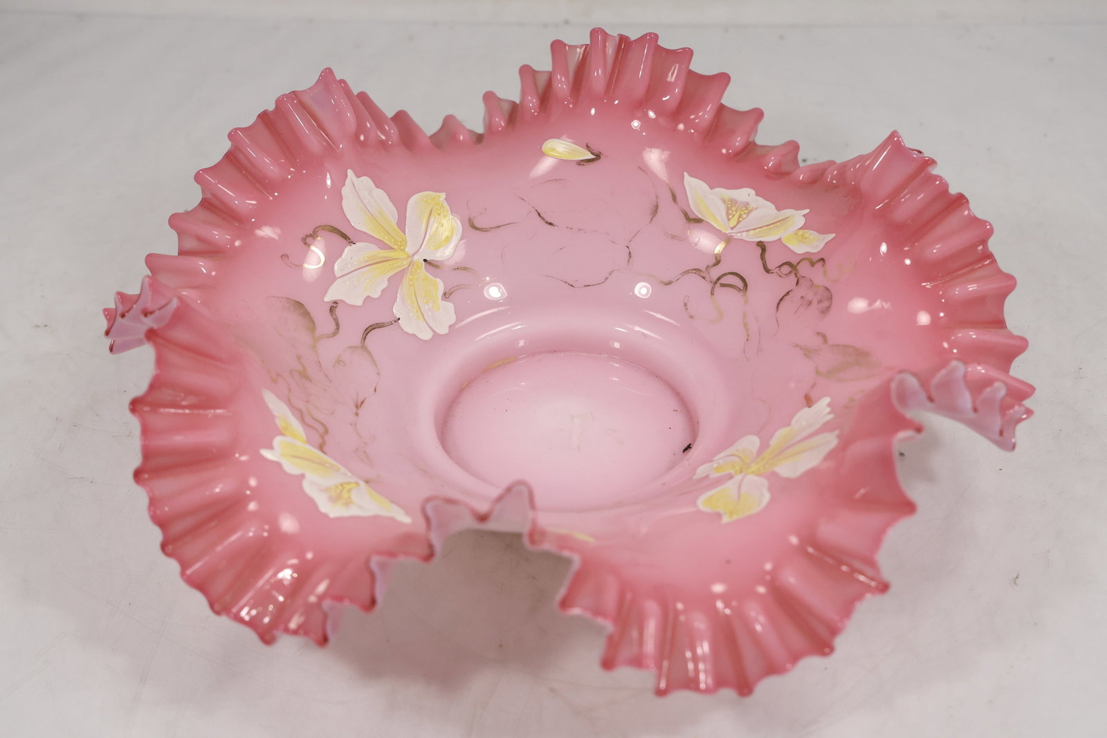 Victorian Cranberry Glass Bride’s Basket Bowl – Hand Painted Floral, Ruffled Edge (1 of 10)