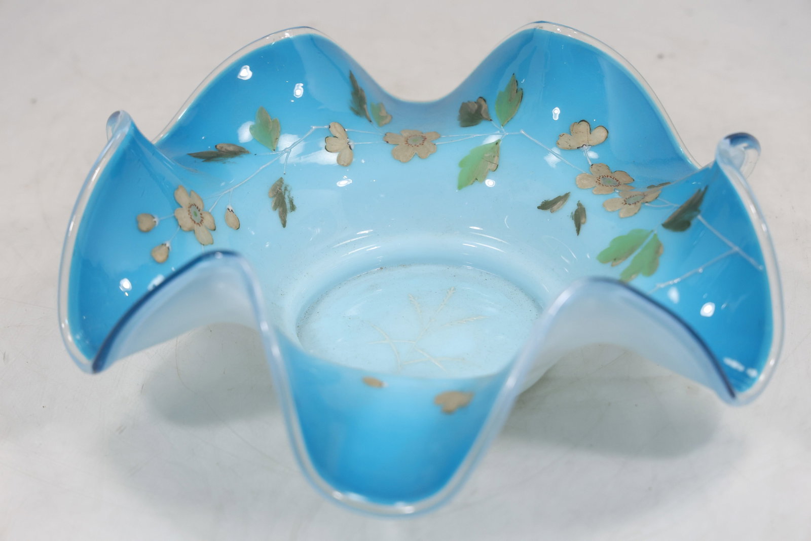 Victorian-Style Blue Art Glass Bride's Bowl with Floral Design (1 of 14)