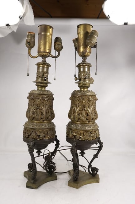 Pair of Antique Renaissance Revival Gas Lamps Converted to Electric (1 of 15)