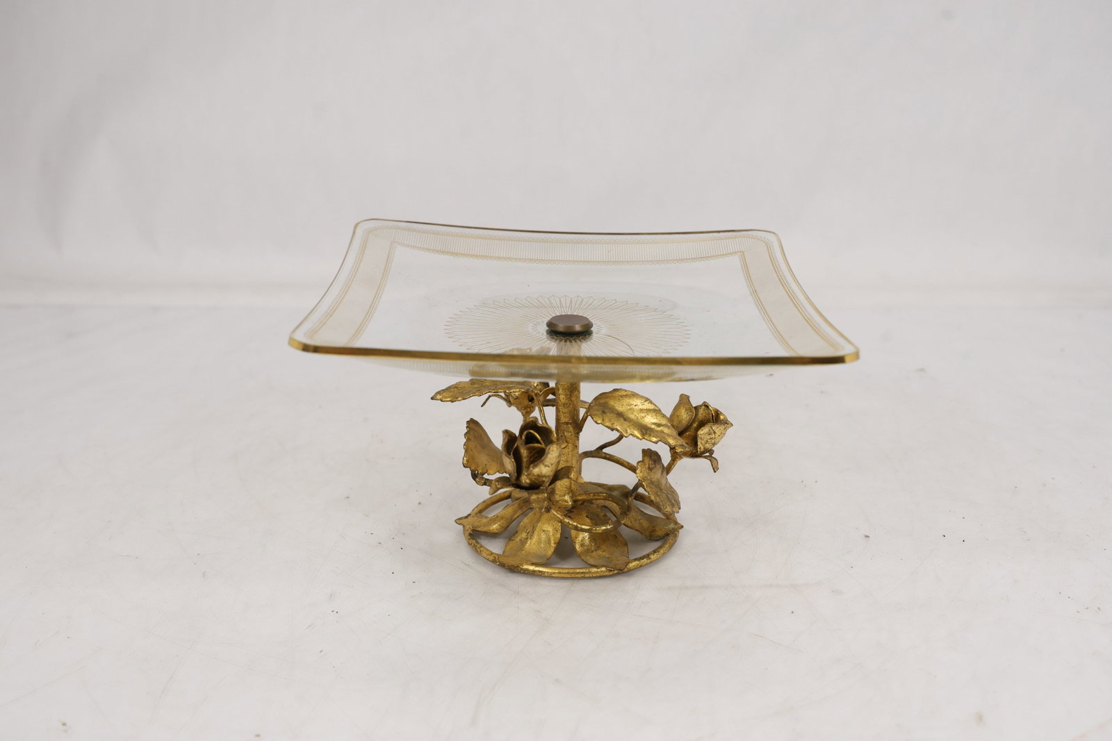 Glass Pedestal Cake Stand with Gilt Metal Rose Vine Base (1 of 12)