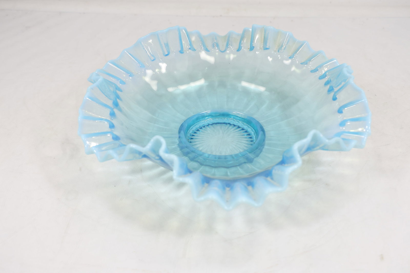 Blue Opalescent Ruffled Glass Bowl Centerpiece Dish (1 of 11)