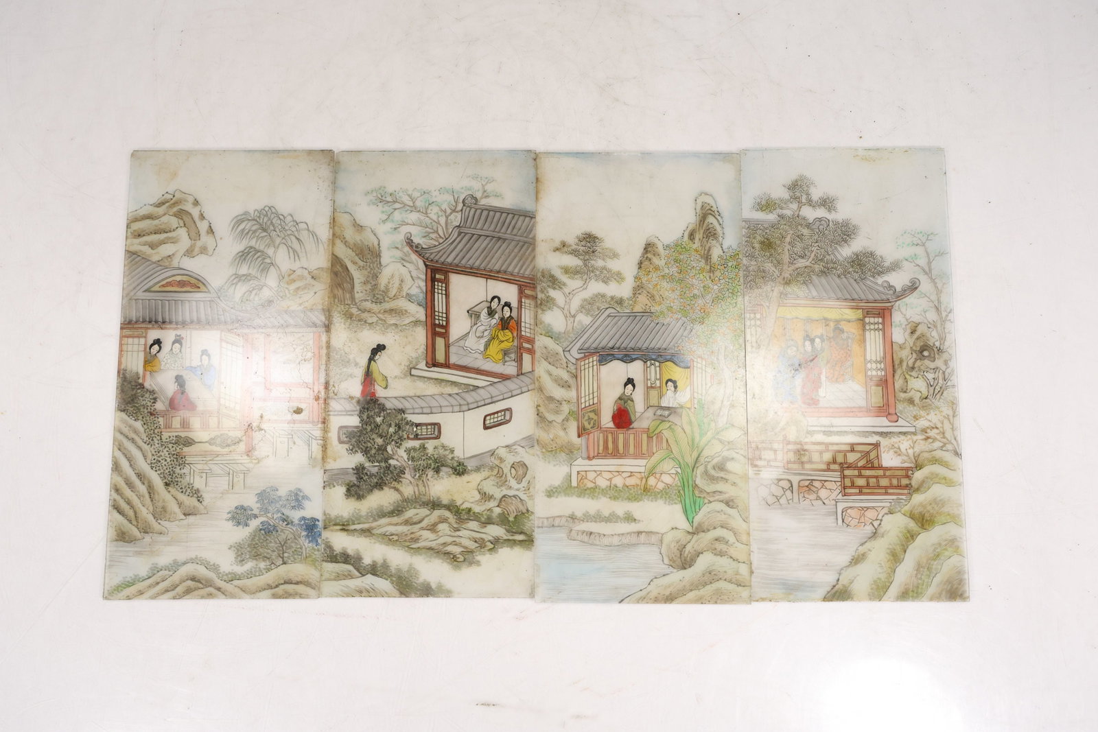 Set of Four Chinese Style Painted Glass Panels with Court Ladies (1 of 14)