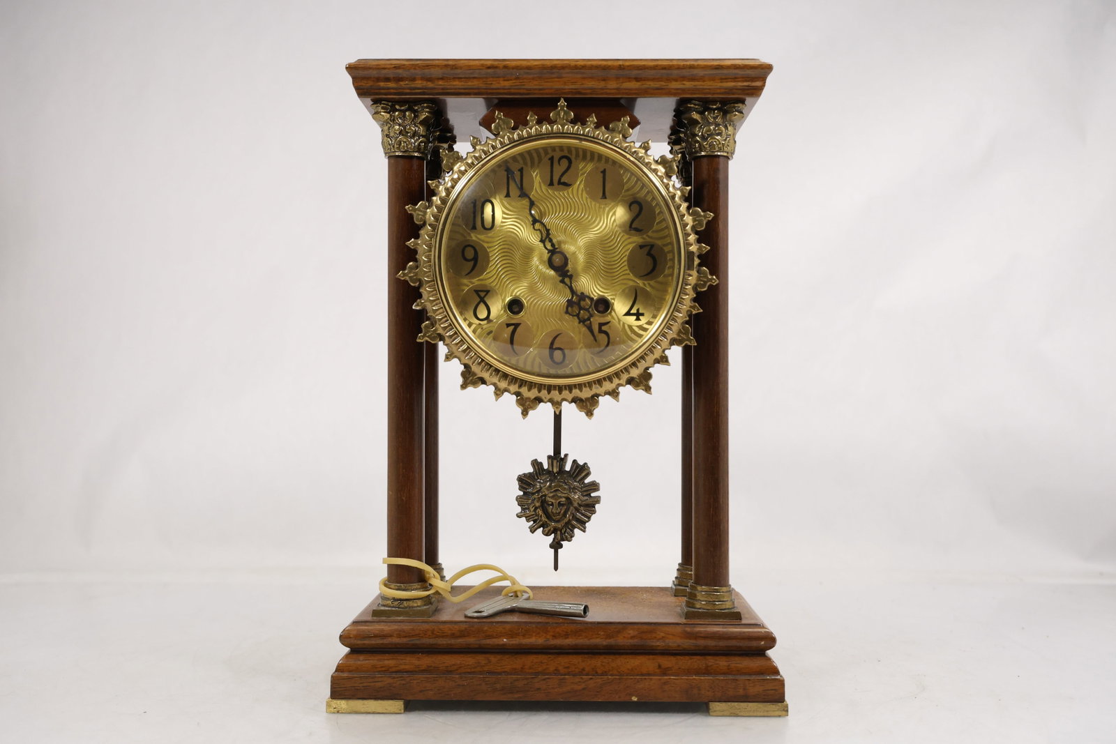 Neoclassical Wood and Brass Portico Mantel Clock with Sun Pendulum (1 of 16)
