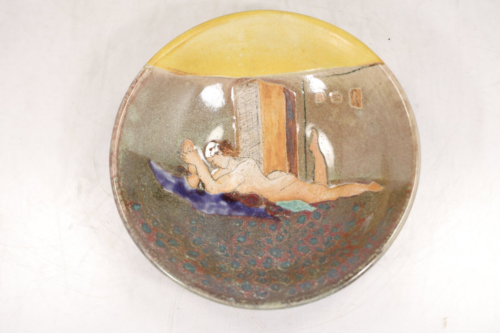 Artist-Signed Studio Pottery Figural Bowl with Reclining Nude Decoration (1 of 14)