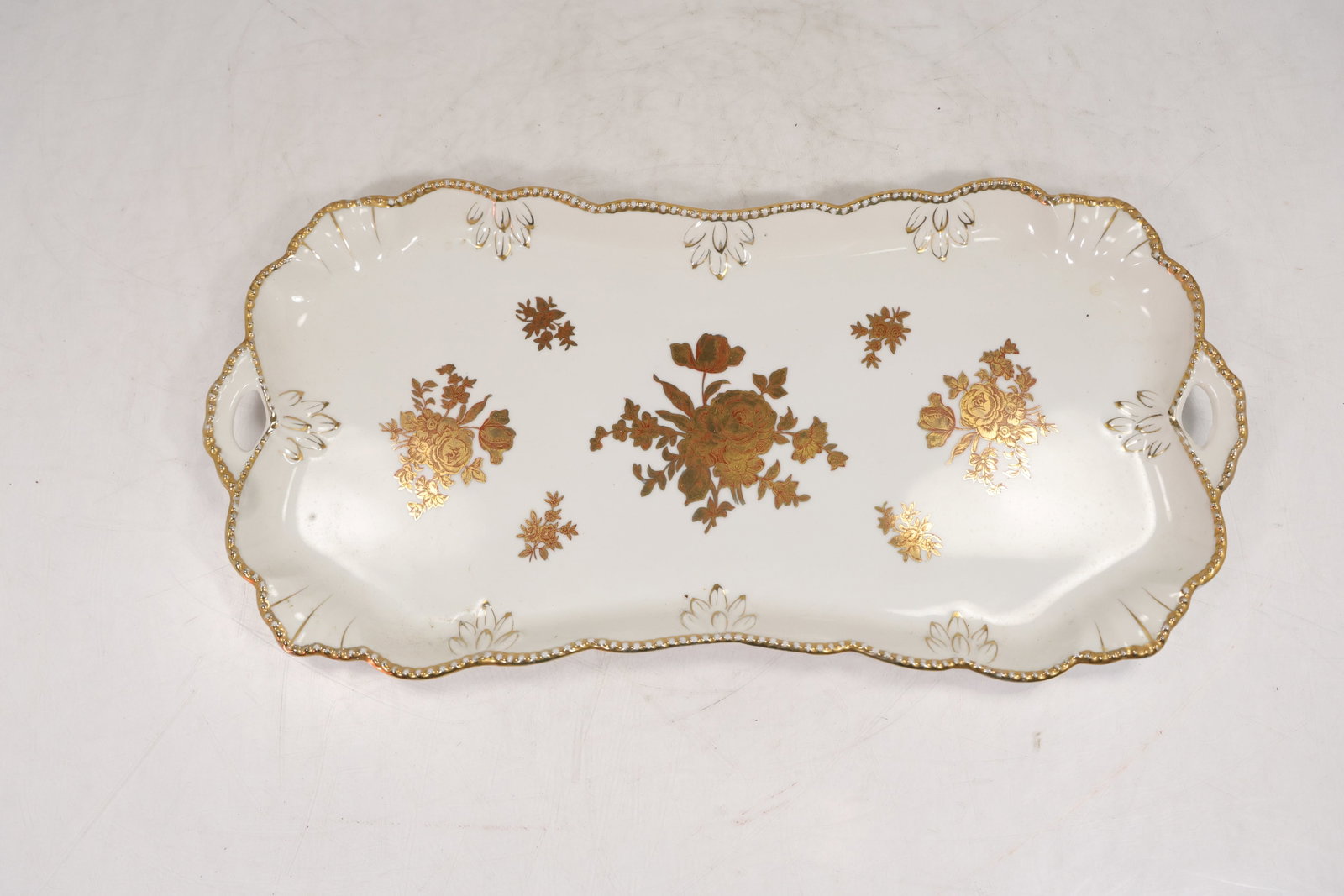 Porcelain Serving Tray with Gilt Floral Decoration Scalloped Edge and Handles (1 of 13)