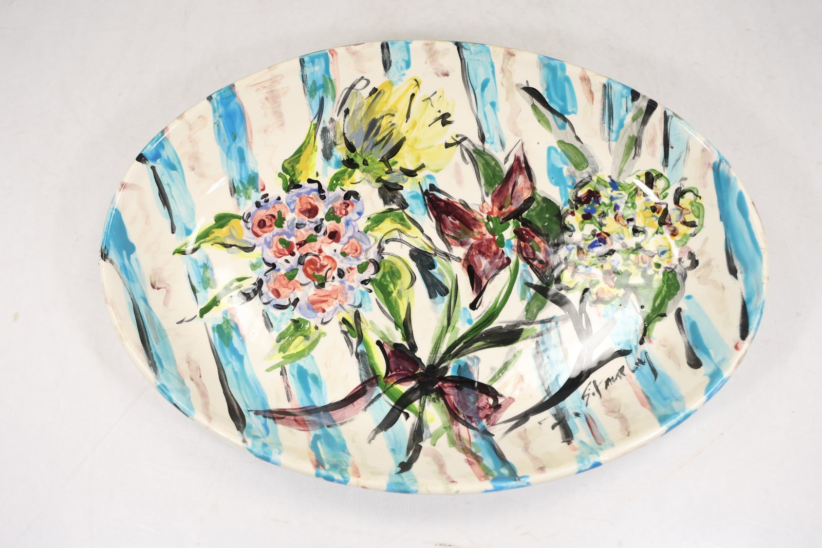 Signed Handpainted Ceramic Flower Bouquet Oval Serving Plate (1 of 18)